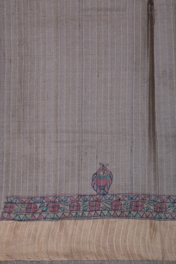 Tussar Madhubani Silk Saree Dusty Olive With Paisley Design