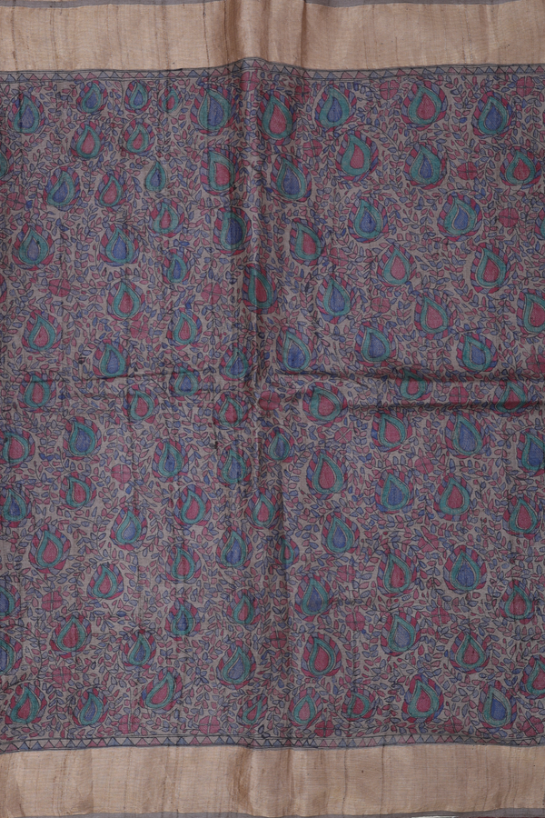 Tussar Madhubani Silk Saree Dusty Olive With Paisley Design
