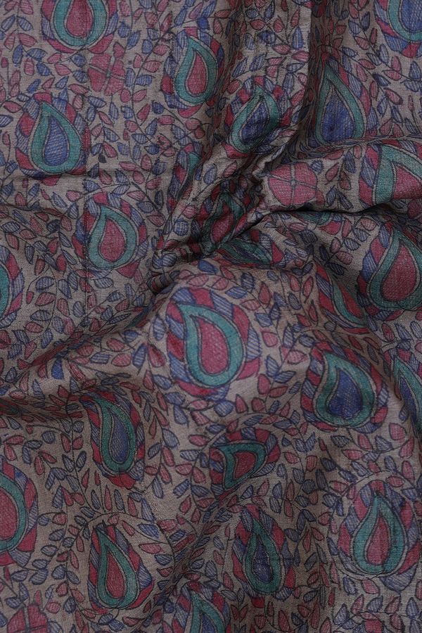 Tussar Madhubani Silk Saree Dusty Olive With Paisley Design