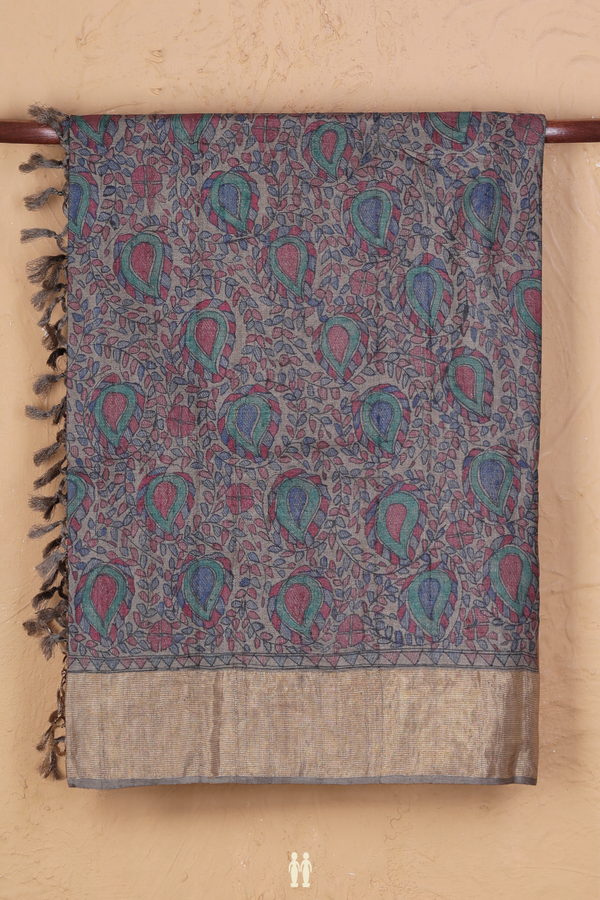 Tussar Madhubani Silk Saree Dusty Olive With Paisley Design
