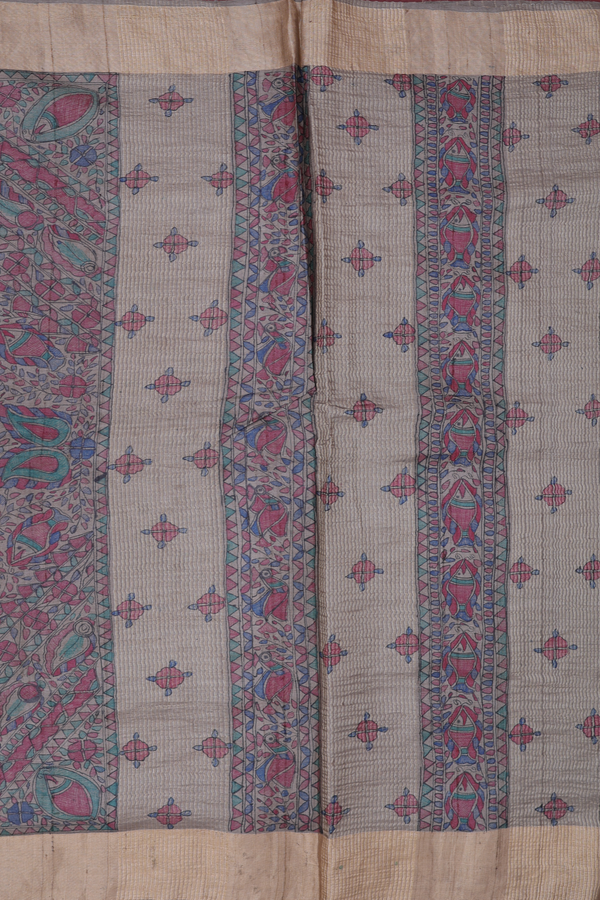 Tussar Madhubani Silk Saree Dusty Olive With Paisley Design