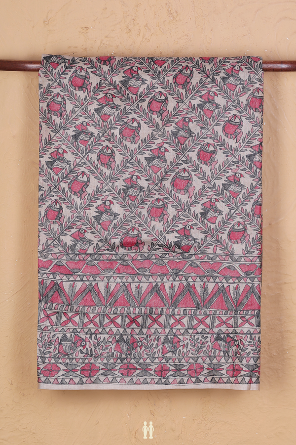 Tussar Madhubani Silk Saree In Cream Color With Fish Design