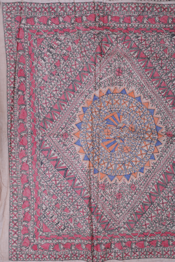 Tussar Madhubani Silk Saree In Cream Color With Fish Design