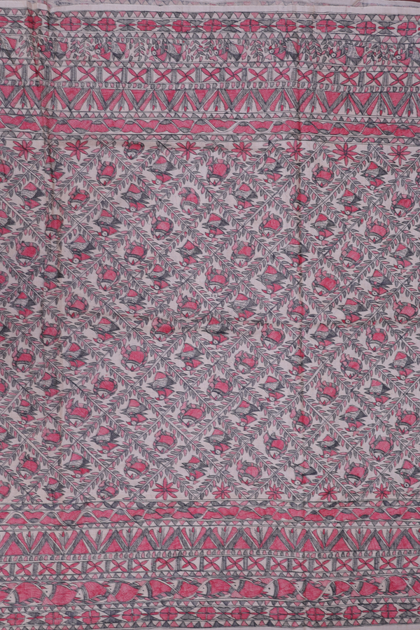 Tussar Madhubani Silk Saree In Cream Color With Fish Design