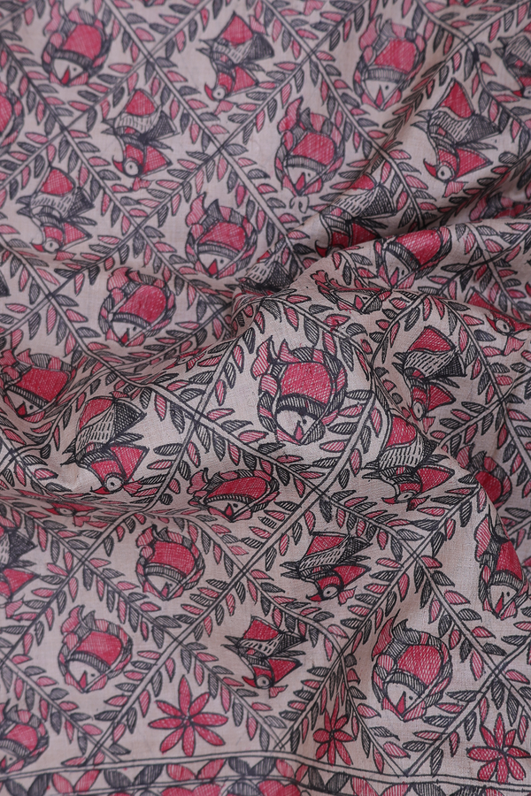 Tussar Madhubani Silk Saree In Cream Color With Fish Design