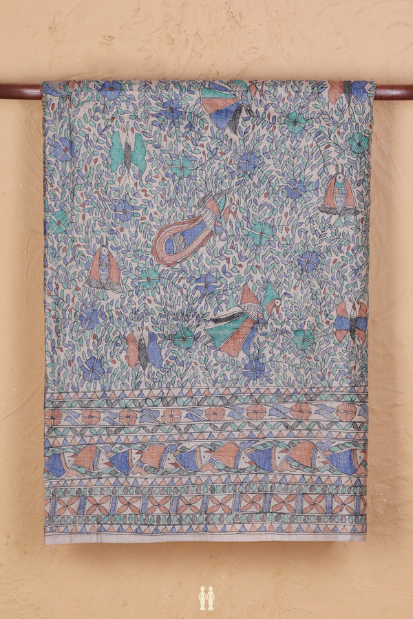 Tussar Madhubani Silk Saree In White With Peacock Design