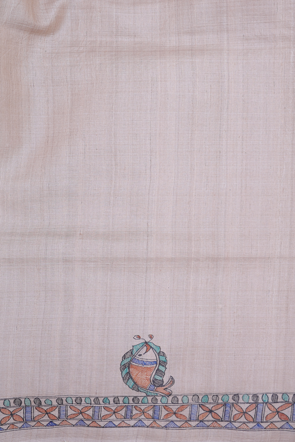 Tussar Madhubani Silk Saree In White With Peacock Design