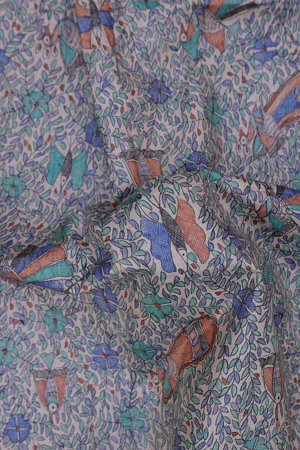 Tussar Madhubani Silk Saree In White With Peacock Design
