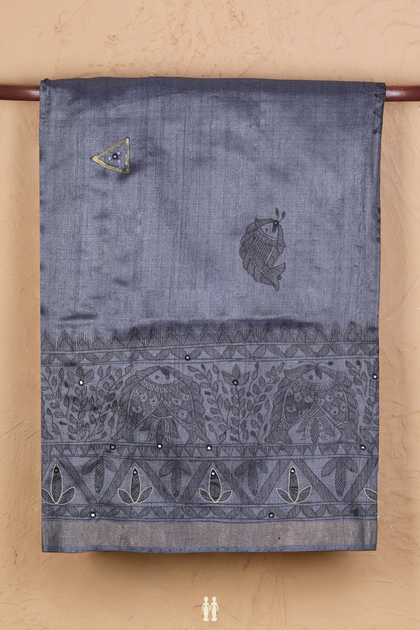 Tussar Madhubani Silk Saree In Grey With Fish Design