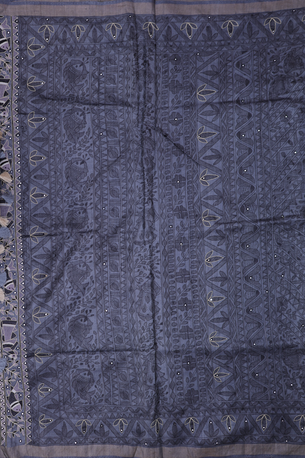 Tussar Madhubani Silk Saree In Grey With Fish Design