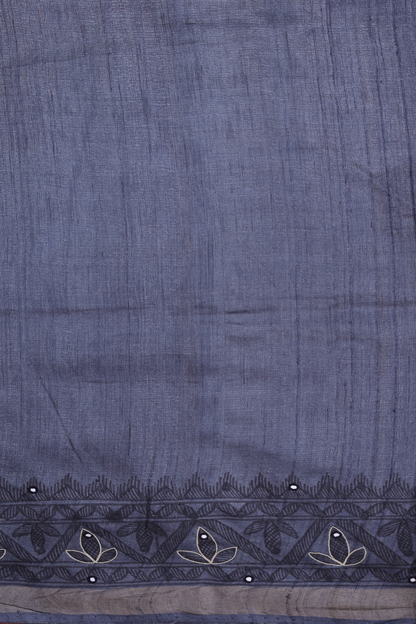 Tussar Madhubani Silk Saree In Grey With Fish Design