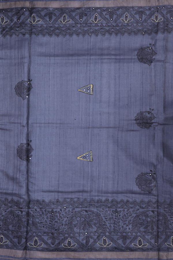 Tussar Madhubani Silk Saree In Grey With Fish Design