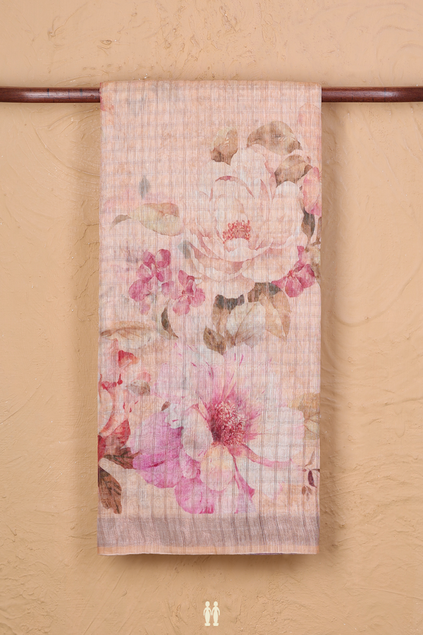 Linen Saree In Light Orange Along Checks With Floral Design
