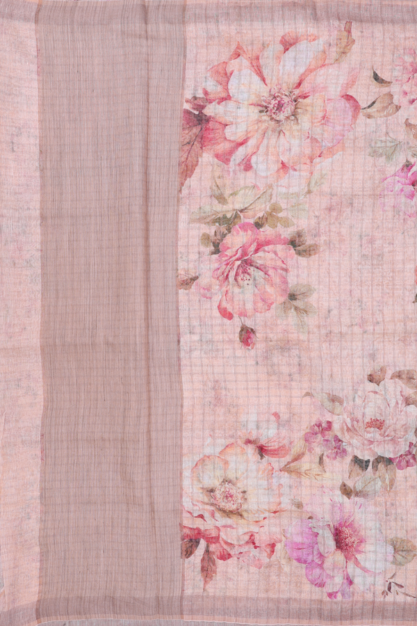 Linen Saree In Light Orange Along Checks With Floral Design