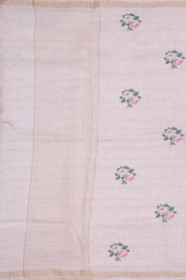 Linen Saree In Cream Color With Floral Embroidered Design