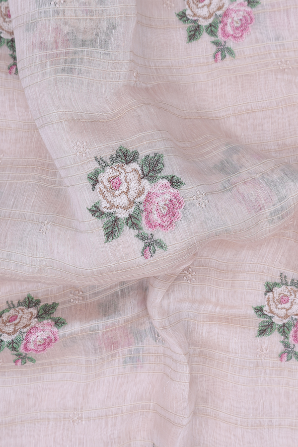 Linen Saree In Cream Color With Floral Embroidered Design