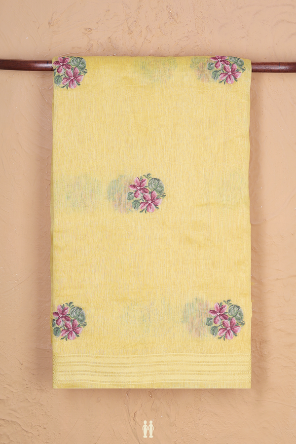 Linen Saree In Yellow With Floral Emroidered Design