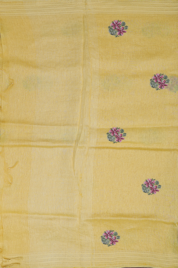 Linen Saree In Yellow With Floral Emroidered Design