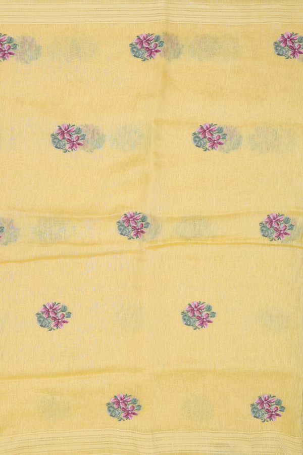 Linen Saree In Yellow With Floral Emroidered Design