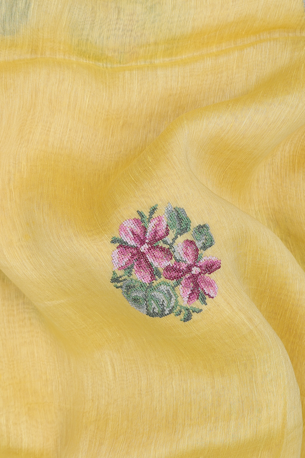 Linen Saree In Yellow With Floral Emroidered Design