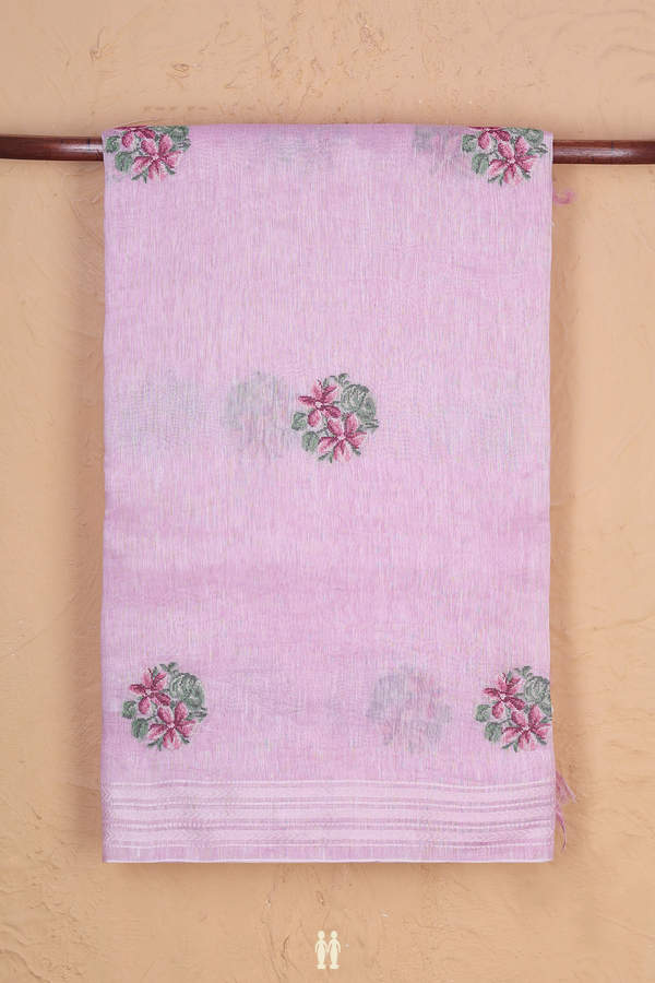 Linen Saree In Pink With Floral Embroidered Design