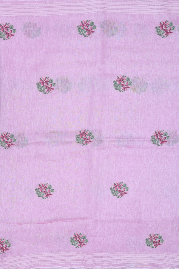 Linen Saree In Pink With Floral Embroidered Design