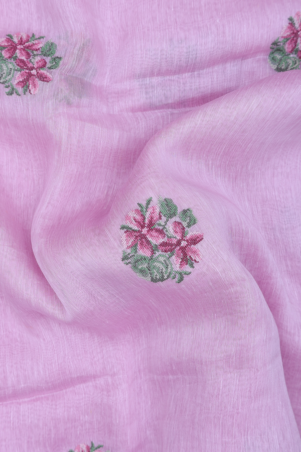 Linen Saree In Pink With Floral Embroidered Design