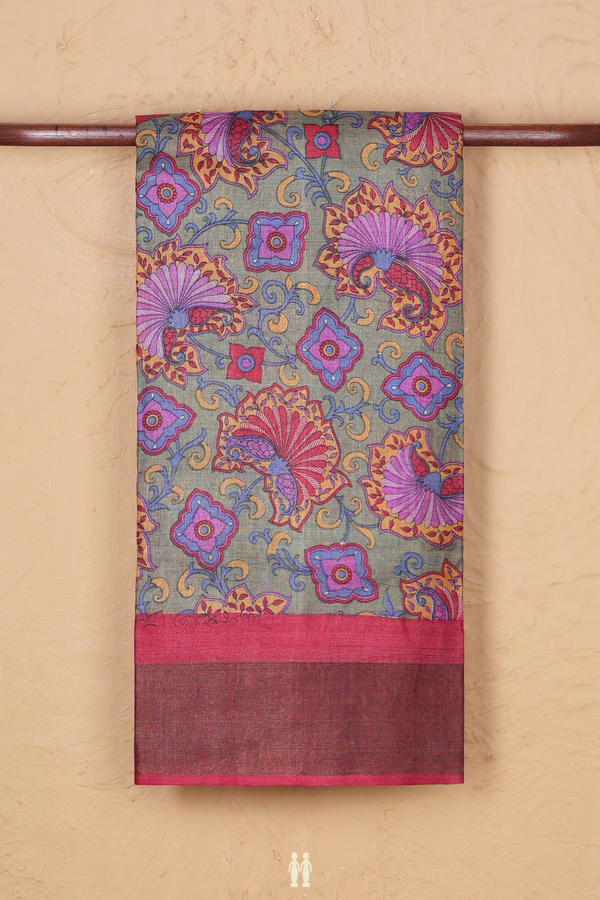 Tussar Silk Saree In Green With Printed Design