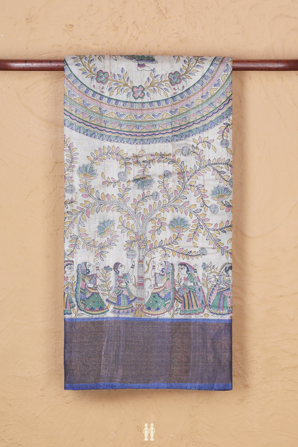 Tussar Silk Saree In Off White With Madhubani Design