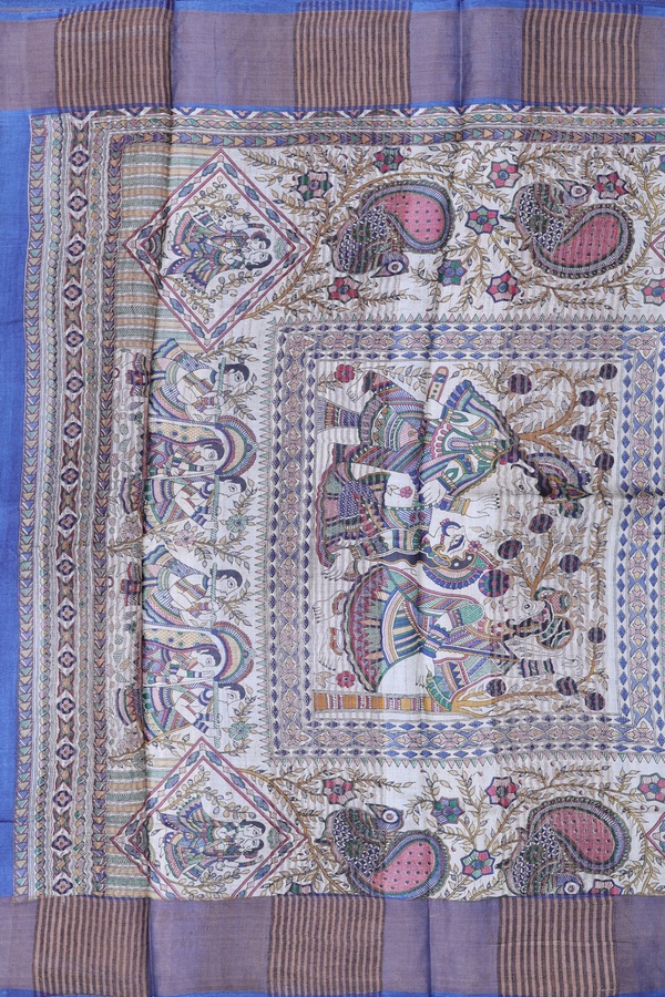 Tussar Silk Saree In Off White With Madhubani Design