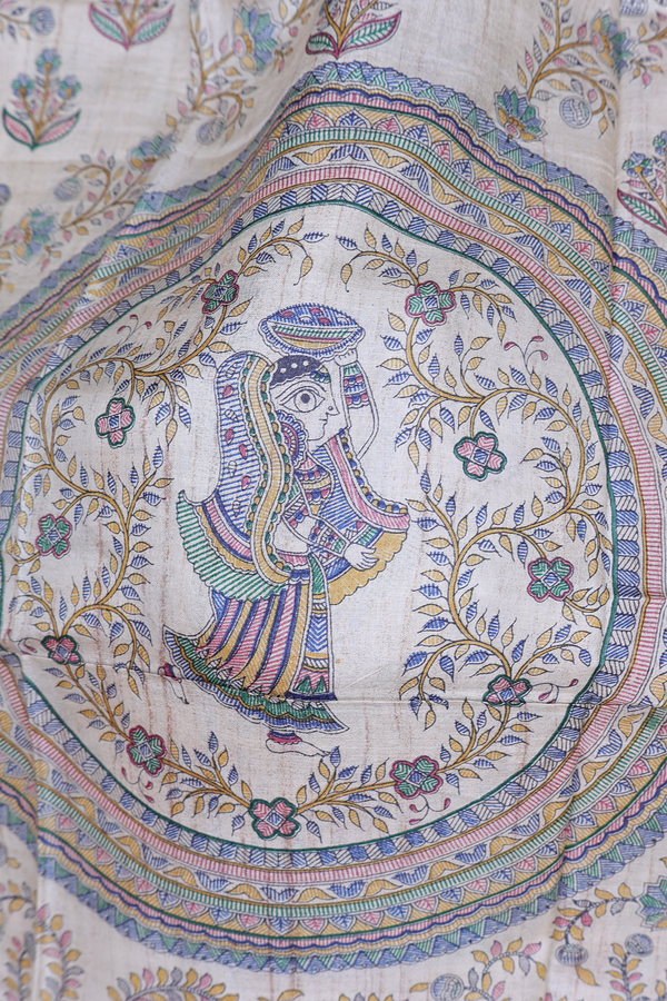 Tussar Silk Saree In Off White With Madhubani Design