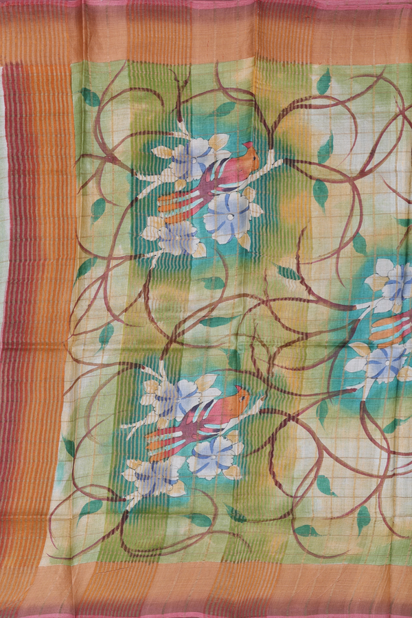 Tussar Silk Saree In Green With Allover Design