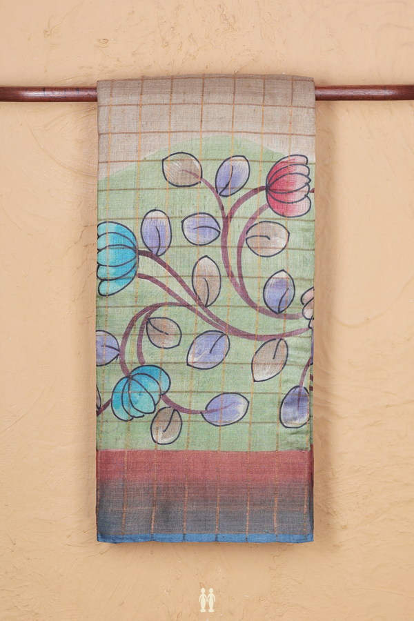 Tussar Silk Saree In Brown And Green With Checks Design