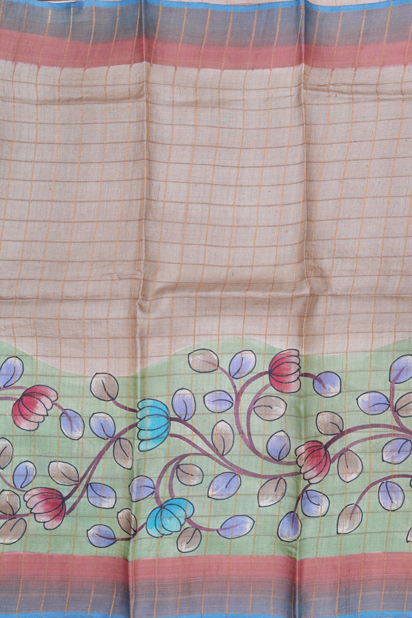 Tussar Silk Saree In Brown And Green With Checks Design