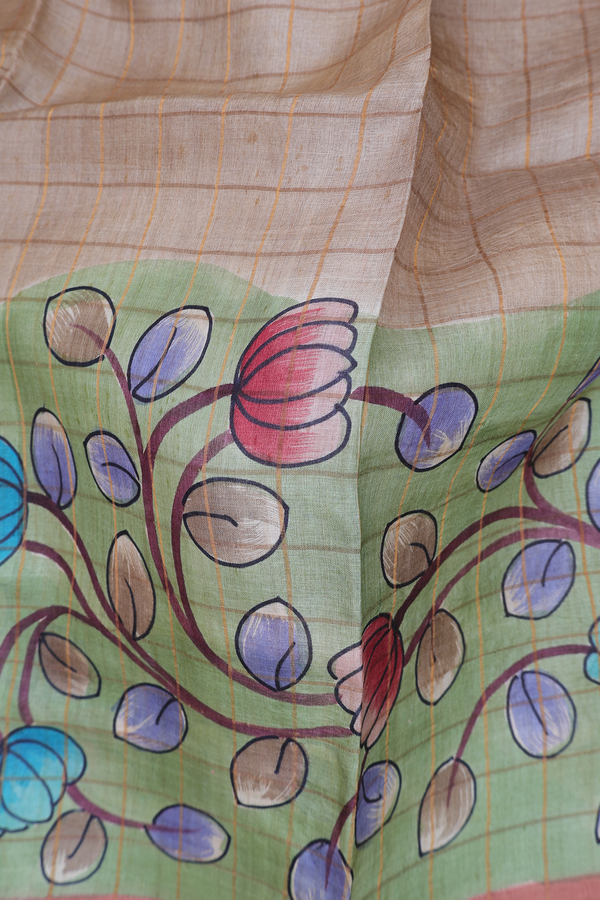 Tussar Silk Saree In Brown And Green With Checks Design