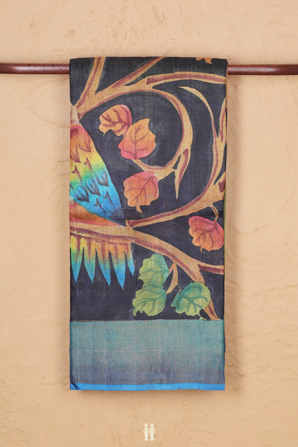 Tussar Silk Saree In Grey And Green With Leaf Design