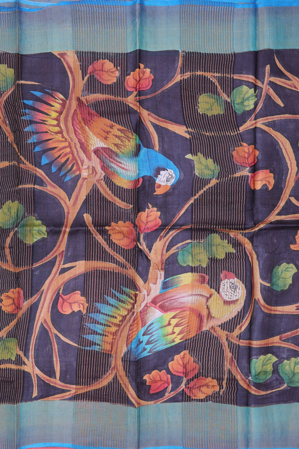 Tussar Silk Saree In Grey And Green With Leaf Design