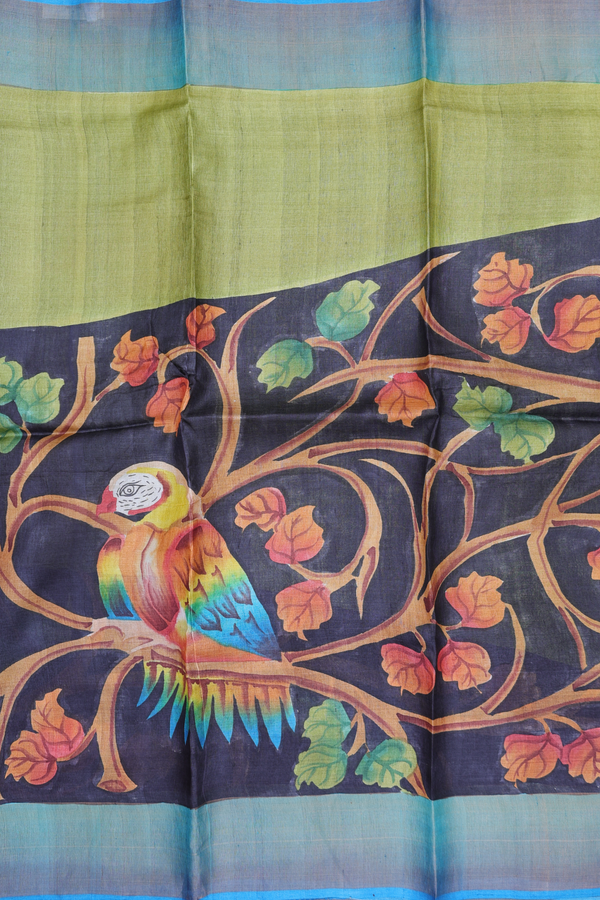 Tussar Silk Saree In Grey And Green With Leaf Design