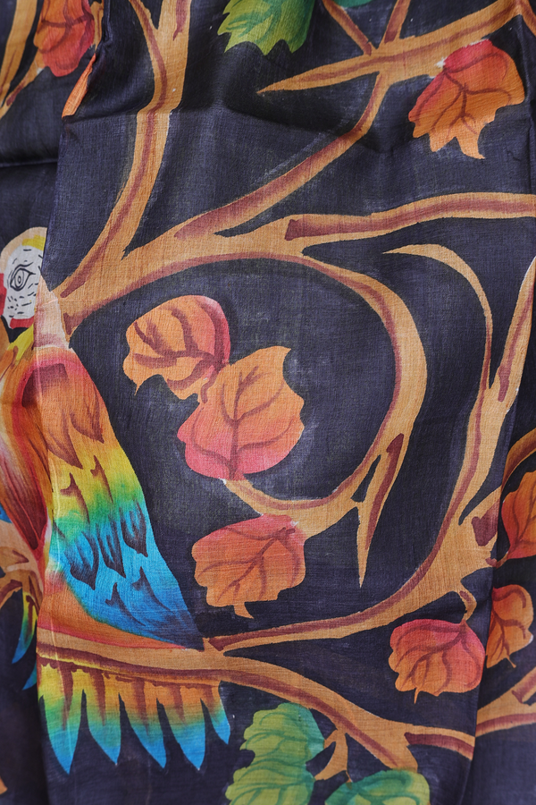 Tussar Silk Saree In Grey And Green With Leaf Design