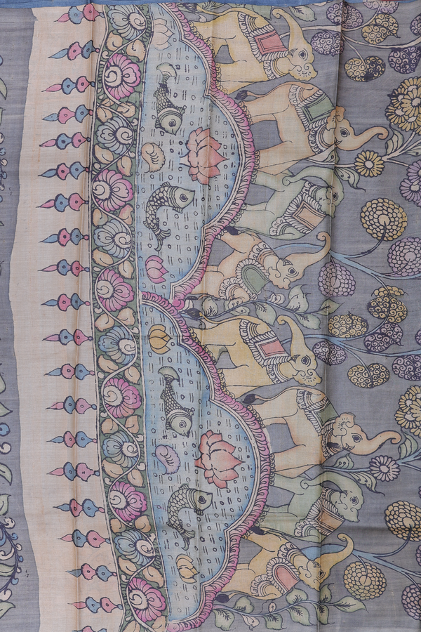 Tussar Silk Saree In Charcoal Grey With Floral Border