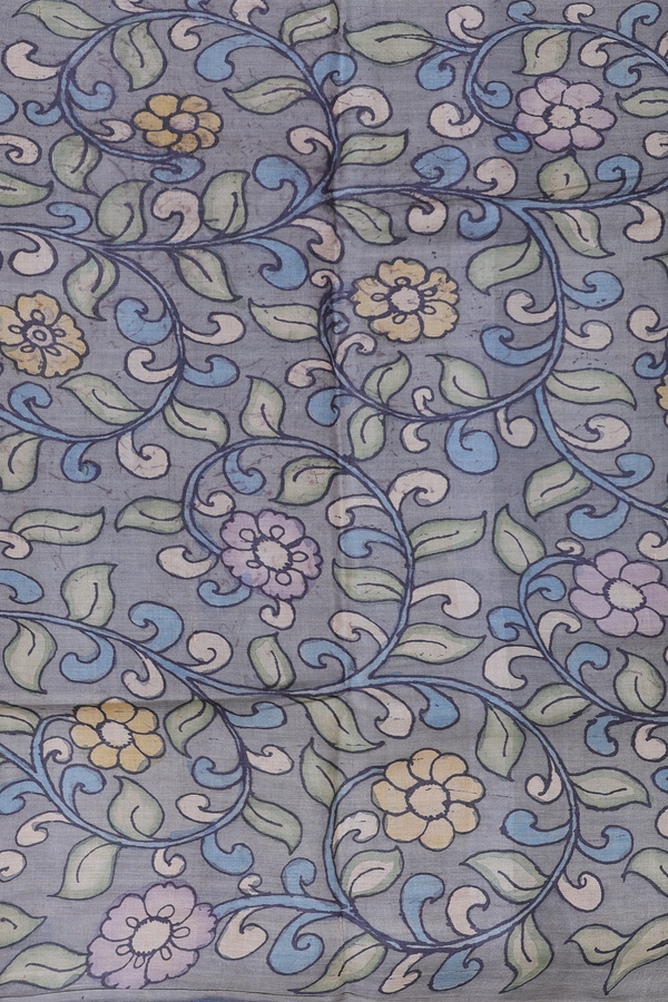 Tussar Silk Saree In Charcoal Grey With Floral Border