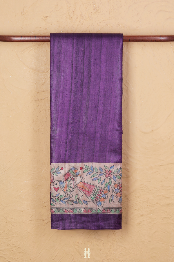 Tussar Silk Saree In Purple With Madhubani Border