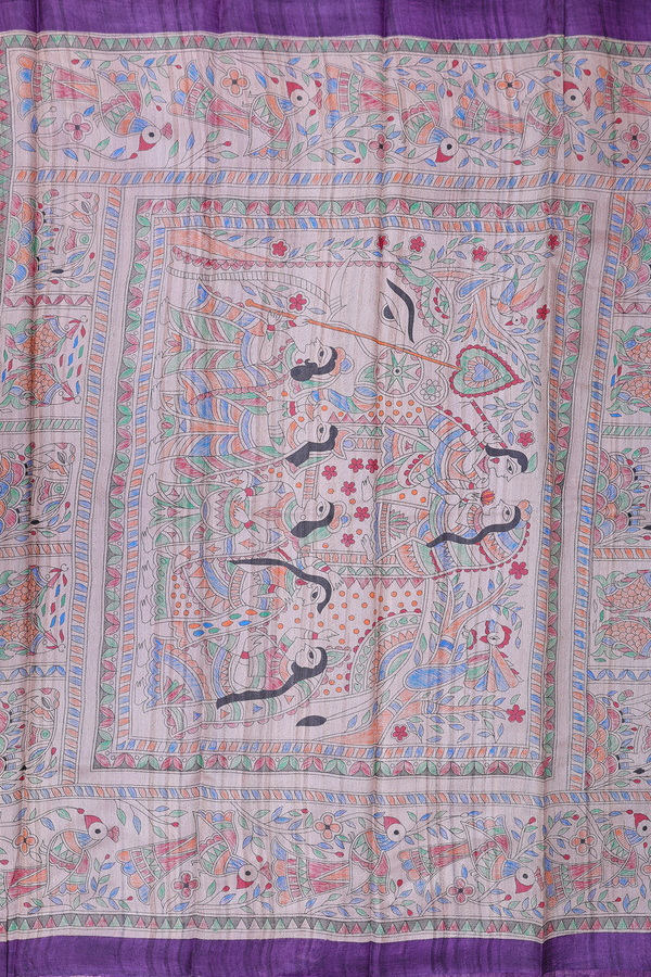 Tussar Silk Saree In Purple With Madhubani Border