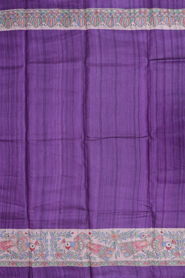Tussar Silk Saree In Purple With Madhubani Border