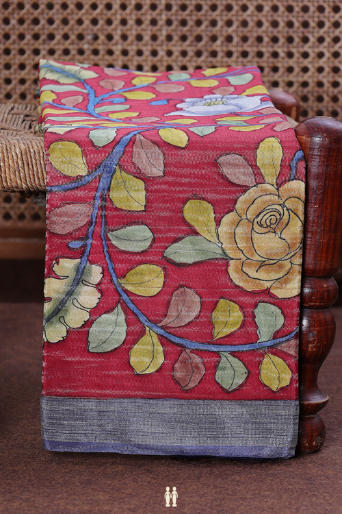 Crepe Saree In Brick Red With Floral Design