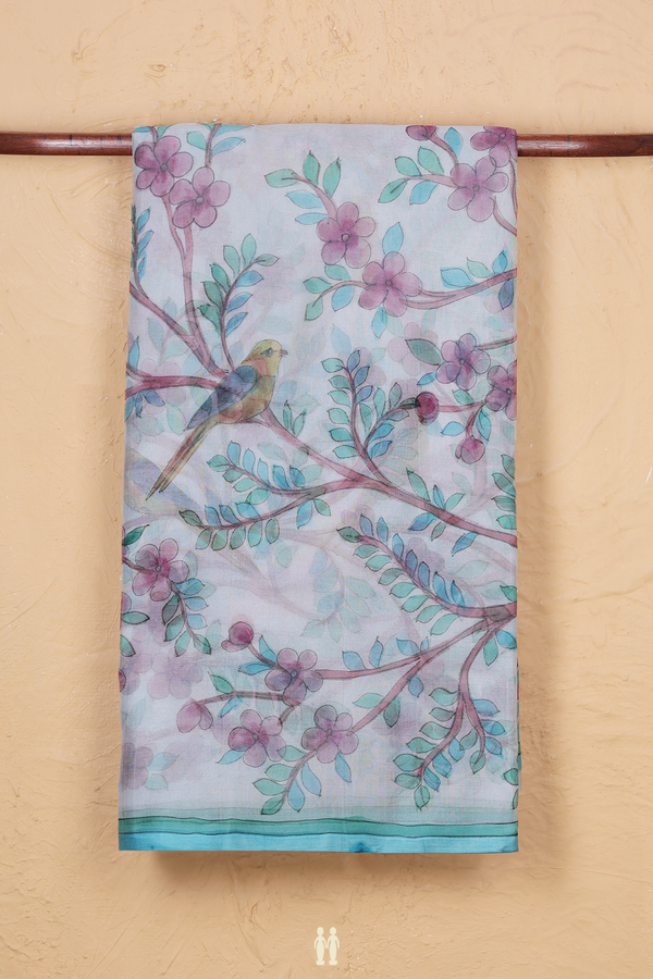 Organza Silk Saree In Pale Blue With Hand Painted Design
