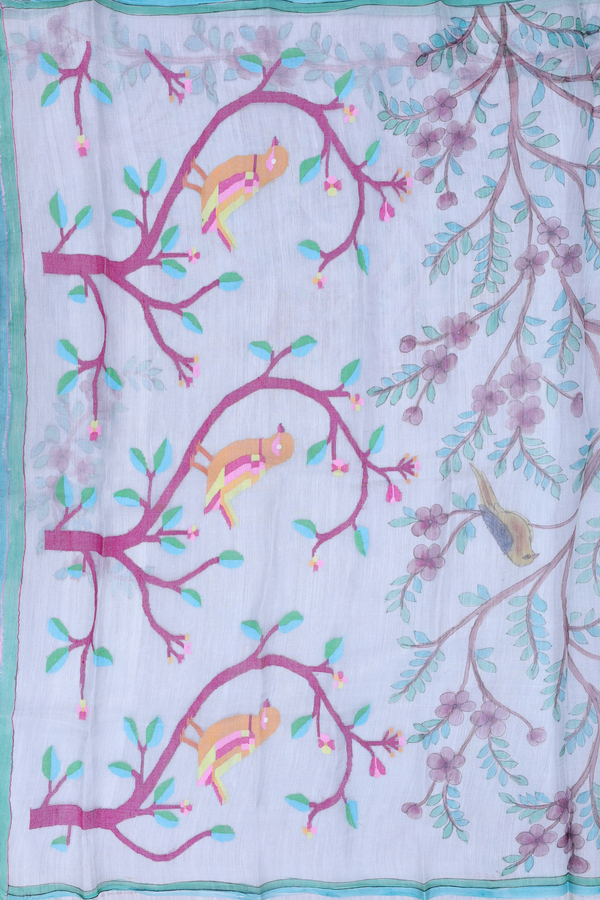 Organza Silk Saree In Pale Blue With Hand Painted Design