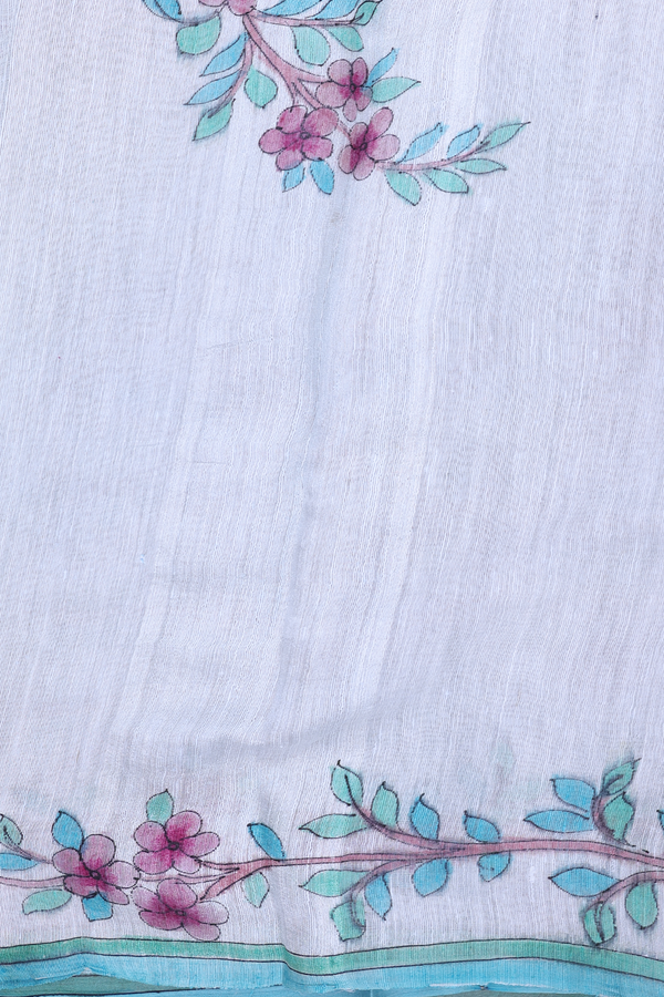 Organza Silk Saree In Pale Blue With Hand Painted Design