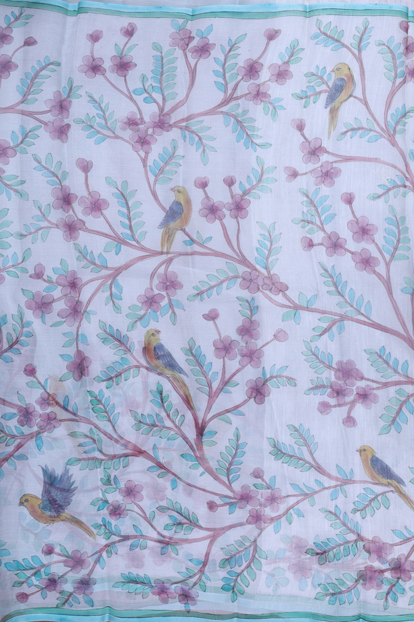 Organza Silk Saree In Pale Blue With Hand Painted Design
