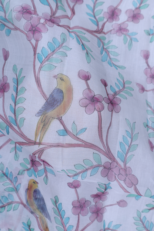 Organza Silk Saree In Pale Blue With Hand Painted Design